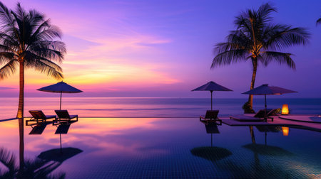At sunset, palm trees line the beach near an infinity swimming pool overlooking the ocean, Ai Generatedの素材