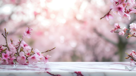 Perfect for product display or montage, this marble stone table top features Sakura blossoms set against a beautiful blur bokeh backdrop. Ai Generatedの素材