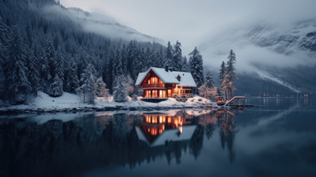 Scenic winter photography showcases multiple Nordic cabins nestled amidst a snowy landscape, evoking a sense of tranquility. Ai Generatedの素材