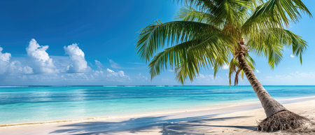 Panoramic view captures the idyllic charm of a tropical beach with a lone palm tree, inviting relaxation. Ai Generatedの素材