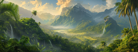 Atop a hill, palm trees stand against a backdrop of majestic mountains and a range, Ai Generatedの素材