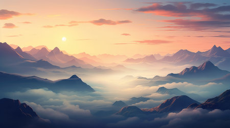 The setting sun casts its golden hues over mist-shrouded mountains, Ai Generatedの素材