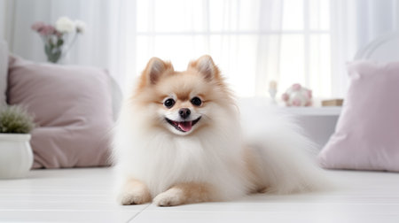 Adorable Pomeranian dog lounges on a white carpet in the living room, relaxed and content. Ai Generatedの素材