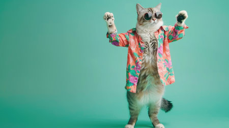 Colorfully dressed cat grooves to the beat wearing sunglasses against a green backdrop. Ai Generatedの素材