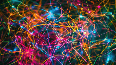 Vibrant neon fiber optic lines create an intriguing abstract texture. Ai Generatedの素材