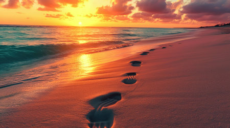 Sunset casts warm glow on sandy beach marked by footprints, Ai Generated.の素材