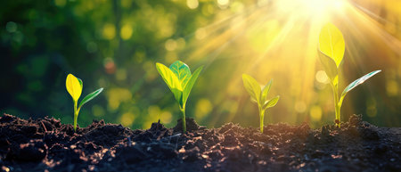 From fertile soil, seedlings stretch towards morning sunlight's glow, Ai Generated.の素材