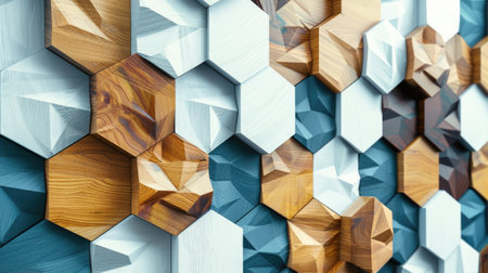 Wooden hexagons form a geometric fall in a captivating 3D front view, Ai Generated.の素材