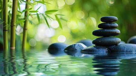 Balanced stones create a Zen pyramid on the water's surface, invoking calm and harmony. Nature's poetry. Ai Generatedの素材
