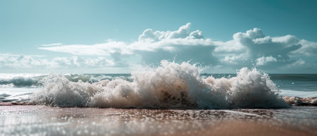 The beach comes alive as waves break, releasing their energy in a rhythmic dance. Nature's poetry. Ai Generatedの素材