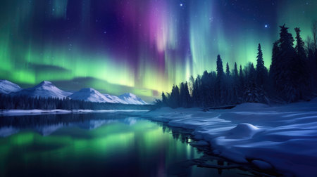 Spectacular winter aurora dazzles with vibrant colors in the darkened sky, Ai Generated.の素材