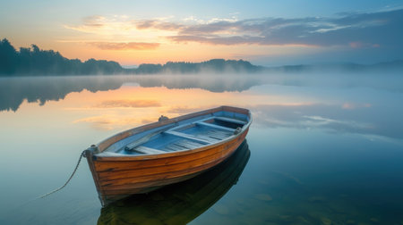 In the soft light of dawn, a solitary wooden boat rests on a lake, Ai Generated.の素材