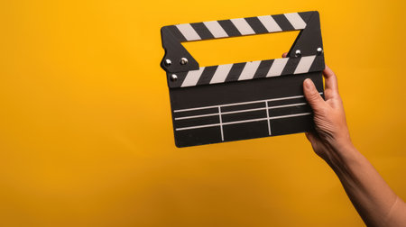 Elevate video production with a hand holding a clapper board on yellow. Ai Generated.の素材