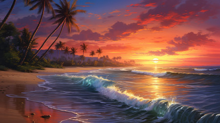 palm trees stand against vibrant sunset sky, gentle waves lap shore, Ai Generated.の素材