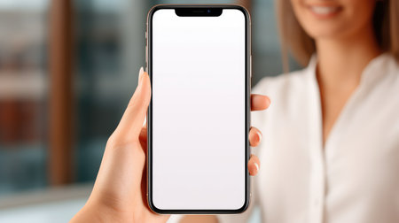 Showcase your digital content with a mobile phone mockup featuring a blank white screen in a human hand. Ai Generatedの素材