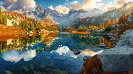 A sweeping panorama captures the beauty of Mountain Lake Tahoe, nestled amidst the towering peaks, Ai Generatedの素材