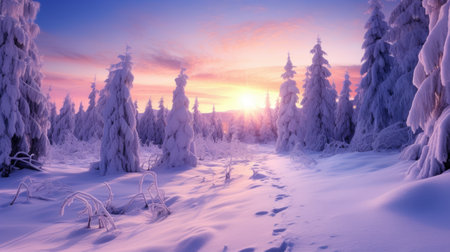 Capture the expansive beauty of winter with a panoramic view of a snow-covered forest, a breathtaking scene. Ai Generatedの素材
