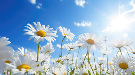 Bright sunshine kisses white daisies, casting a warm and inviting glow on this serene floral display. Ai Generatedの素材