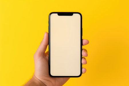 Against a bright yellow backdrop, a man displays a smartphone with a blank screen, Ai Generatedの素材