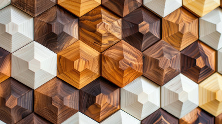 Wooden hexagons form a geometric fall in a captivating 3D front view, Ai Generated.の素材