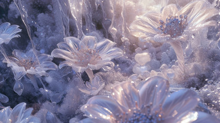Experience the magic of winter with a scenery featuring frosty ice flowers, soft snow, and sparkling crystals. Ai Generatedの素材