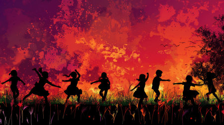 Silhouette of children in vector art, portraying youthful energy, Ai Generatedの素材