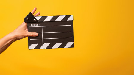 Elevate video production with a hand holding a clapper board on yellow. Ai Generated.の素材