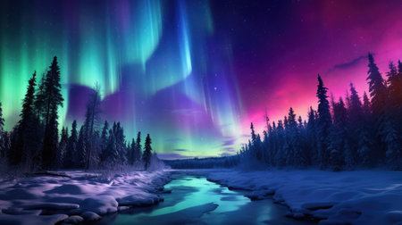 Spectacular winter aurora dazzles with vibrant colors in the darkened sky, Ai Generated.の素材