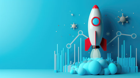 Navigate financial growth using a rocket and chart on a blue business canvas. Ai Generated.の素材