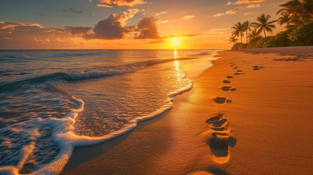 Sunset casts warm glow on sandy beach marked by footprints, Ai Generated.の素材