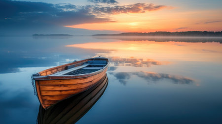 In the soft light of dawn, a solitary wooden boat rests on a lake, Ai Generated.の素材