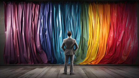 Revealing a vibrant new world as man pulls up the curtain, sparking curiosity, Ai Generatedの素材