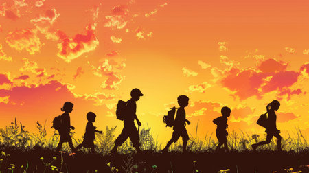 Silhouette of children in vector art, portraying youthful energy, Ai Generatedの素材