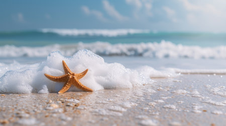 sandy tropical beach, rolling waves, and a lone starfish. Ai Generatedの素材