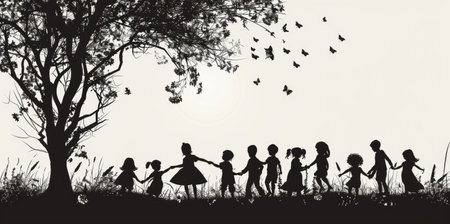 Silhouette of children in vector art, portraying youthful energy, Ai Generatedの素材