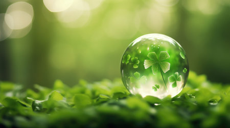 In a glass ball, a clover leaf sparkles on a green bokeh background, Ai Generated.の素材