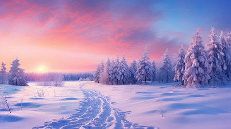 Capture the expansive beauty of winter with a panoramic view of a snow-covered forest, a breathtaking scene. Ai Generatedの素材