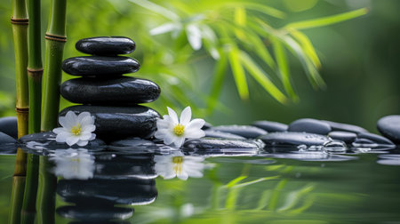 Balanced stones create a Zen pyramid on the water's surface, invoking calm and harmony. Nature's poetry. Ai Generatedの素材