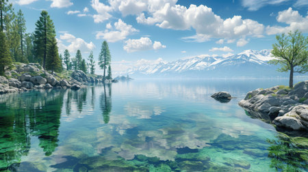 A sweeping panorama captures the beauty of Mountain Lake Tahoe, nestled amidst the towering peaks, Ai Generatedの素材