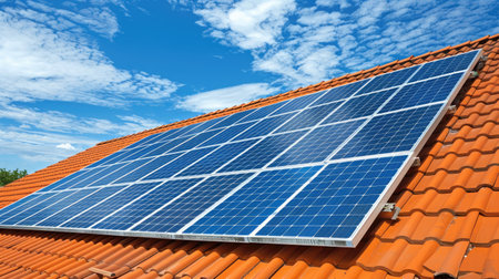 House rooftop solar panels against blue sky, embracing sustainable energy, Ai Generatedの素材