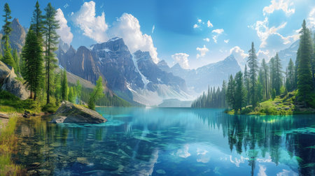 A sweeping panorama captures the beauty of Mountain Lake Tahoe, nestled amidst the towering peaks, Ai Generatedの素材