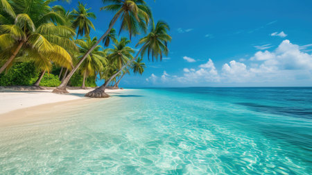 tropical beach vista under a palm's shade. Ai Generatedの素材