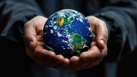 Person holding a globe, representing global unity and understanding, Ai Generatedの素材