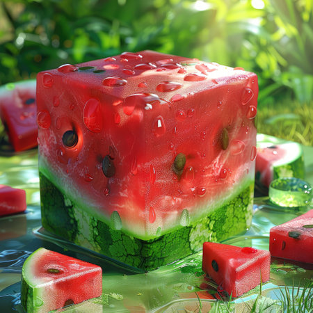 a vibrant watermelon cube adorned in red and green hues. Ai Generated.の素材