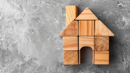 Craft your message on a banner featuring a wooden cube block puzzle home. Ai Generated.の素材