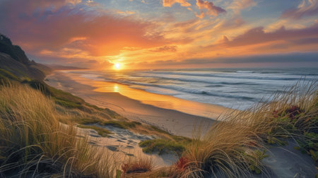sun dips below the horizon, casting warm glow over ocean beach, Ai Generated.の素材