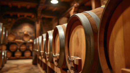 Experience the allure of winemaking, amidst rustic wine barrels at the winery. Ai Generated.の素材