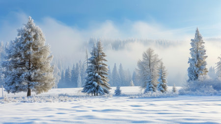 Snow-covered trees paint a picturesque winter scene, transforming the landscape into a tranquil wonder. Ai Generatedの素材