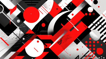 Dynamic abstract geometric presentation in black, white, and red, Ai Generated.の素材