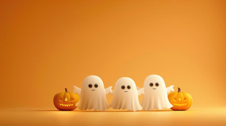 Spooky yet fun Halloween scene featuring ghosts and a funny pumpkin on orange backdrop, Ai Generatedの素材